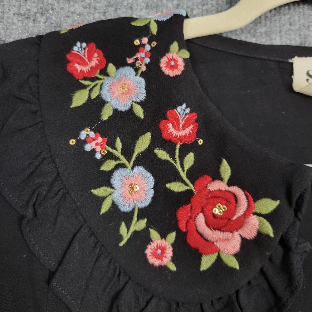 SAVANNA JANE Black Floral Embroidery Peter Pan Collar Top Twee Modest SIZE SMALL - Picture 5 of 14